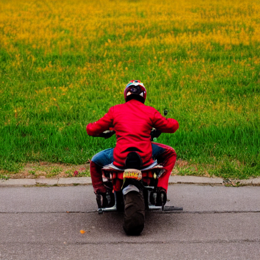 059_yellow and red motorcycle with a man riding on it next to grass.png